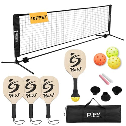 NQV Pickleball Set with Net-10FT Half Court Size Pickleball Net+Wood Pickleball Paddles+Pickle Balls+Ball Retrievers+Pickleball Court Marking Kit, Portable Driveway Outdoor Indoor for Beginners Pros - style: 4-player set