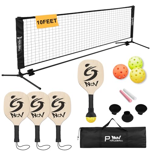 NQV Pickleball Set with Net-10FT Half Court Size Pickleball Net+Wood Pickleball Paddles+Pickle Balls+Ball Retrievers+Pickleball Court Marking Kit, Portable Driveway Outdoor Indoor for Beginners Pros - style: 4-player set