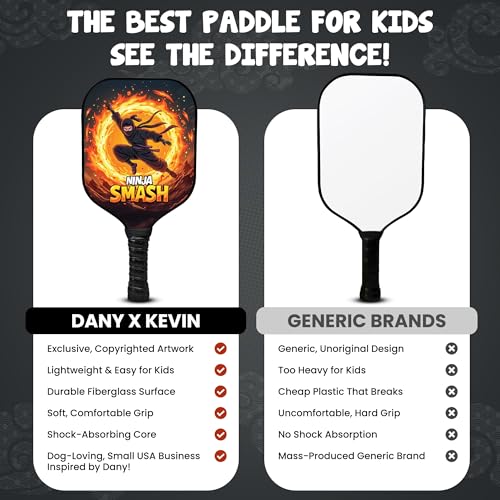 Kids Pickleball Paddle Designed for Ages 3–12 | Lightweight Fiberglass (0.37 lbs) | Small Grip for Easy Control | Fun Beginner Gift for Girls, Toddlers & Youth - color: Ninja