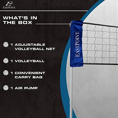 EastPoint Adjustable Volleyball Net - 10-30 ft - Easy One-Person Setup Portable Court Kit - Competition-Grade Volleyball Training Equipment - Outdoor Play Net for Backyard & Beach Play