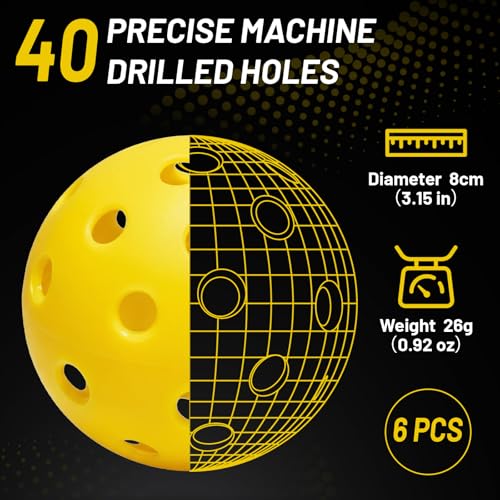 6/12 Pack Outdoor Pickleball Balls - 40 Holes Pickleballs Durable, Perfectly Balanced, High Bounce True Flight - Pickle Balls Suitable for Beginners, Intermediate and Amateurs - size: 6 Pack