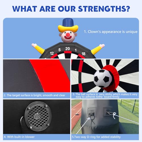 Giant 13FT Inflatable Soccer Dart Board with Built-in Blower,Clown Carnival Game for Youth & Adults - Kick Dartboard Set with 8 Golf Balls, 2 Clubs, 2 Soccer Balls - Outdoor Yard Game for Family