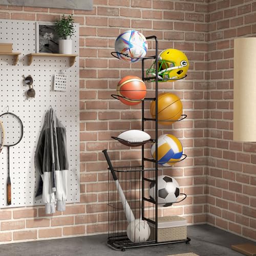 GYMAX Sports Equipment Organizer, Basketball Rack 7-Tier with Removable Hanging Rods, Side Ball Basket, Adjustable Foot Pads, Sports Organizer for Garage, Toy Organizer