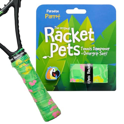 Racket Pets Kids Tennis Racket Dampener & Matching Overgrip Tape, Performance Shock Absorbing Dampener for Tennis Racket & Fun Animal Print Tennis Wrap Grip Tape - style: Parrot