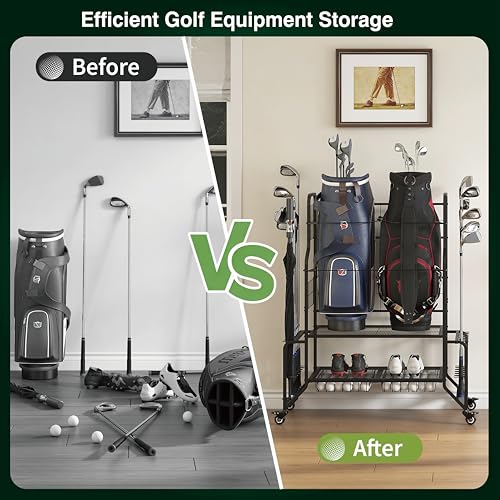 Golf Bag Storage Garage Organizer Golf Bag Stand Fits 2 Bags Extra Clubs Balls Shoes Golf Equipment Accessories Golf Storage Rack for Garage Club Shed