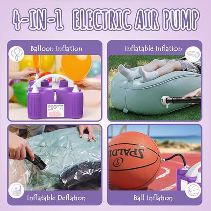 4-in-1 Electric Balloon Pump for All Balloons, Inflatables, and Sports Balls, Triple Inflating Ports for Latex Foil 260q Mylar Balloon, Inflator Deflator for Air Beds Pool Floats Yoga Balls