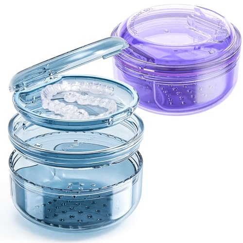 Denture Case, 2PCS Retainer Case with Strainer Basket, 2 in 1 Denture Bath Case No-Leak Retainer Cleaner Case, Retainer Holder for Travel, Mouth Guard Case for Dentures, Clear Braces, Night Guard - color: Blue-Purple
