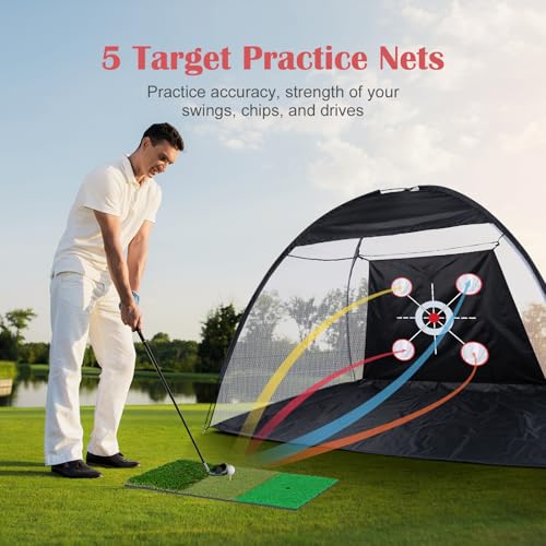 Golf Net, 10 x 7ft Backyard Practice net, Golf Hitting,Driving Net with mat for Indoor/Outdoor - style: Five Traget