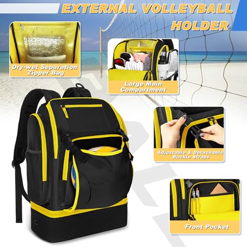 Volleyball Bag with External Ball Holder, Volleyball Backpack with Separate Shoe Space, Multiple Pockets and Adjustable Shoulder Strap for Soccer, Basketball and Gym Exercise - color: Black/Yellow