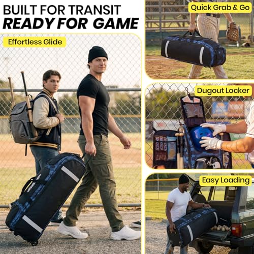 100L Rolling Catchers Gear Bag for Baseball Softball, Tactical Strike Edition, Fits Full Set & 8 Bats, All-Terrain Wheels, Stand-Up Base, Vented Shoe Zone, Reflective Strip, Fence Hooks