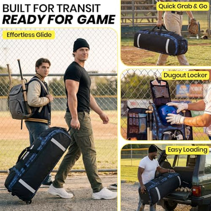 100L Rolling Catchers Gear Bag for Baseball Softball, Tactical Strike Edition, Fits Full Set & 8 Bats, All-Terrain Wheels, Stand-Up Base, Vented Shoe Zone, Reflective Strip, Fence Hooks