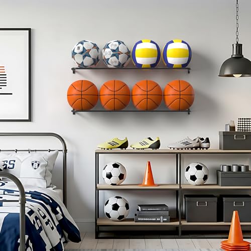 Ball Rack Wall Mount with 2 Separate Shelf, Basketball Holder Storage Wall Mount with 8 Ball Capacity, Garage Sports Equipment Organizer