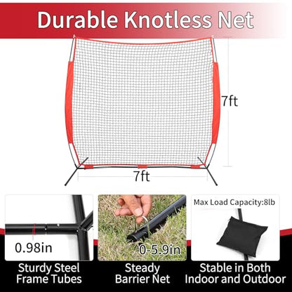 7x7/16x10/20x10ft Backstop Net, Ball Stop Net with Handbag,Fix Sports Net Barrier by 4 Spike&2 Sandbag,Sports Practice Barrier Net for Baseball,Softball,Lacrosse Train,Backstop Net for Backyard - style: 7X7ft red