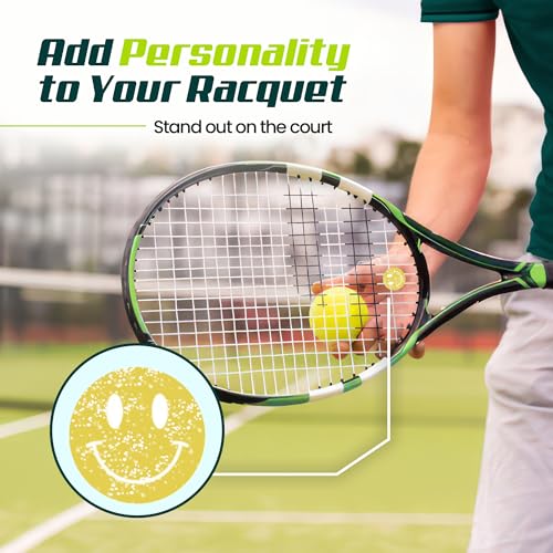 Tennis Racket Dampener - Glitter Smiley Face Designs - Vibration & Noise-Reducing Tennis Shock Absorber for Racquets - Secure, Easy-Install Accessories for Players of All Levels - style: Yellow