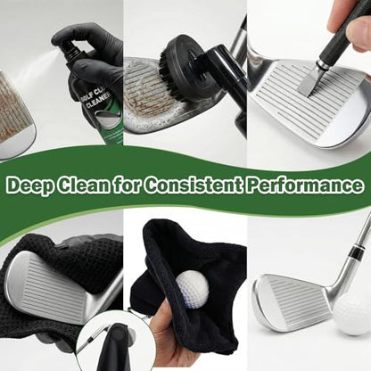 Golf Club Cleaning Kit, 8-in-1 Club Care Set with Cleaner, Brush, Groove Sharpener, Grip Cleaner, Polish, Magnetic Towel, Ball Towel & Portable Bag - Restores Shine, Removes Rust, Renews Grip