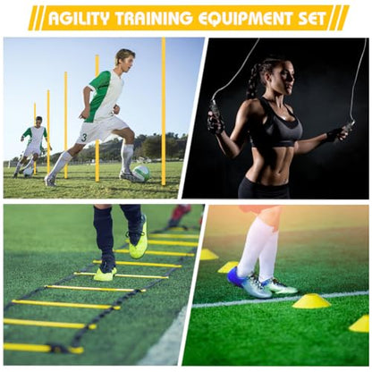 Agility Training Set with 3 Adjustable Speed Hurdles, 6 Poles, 1 Ladder, 12 Soccer Cones and Jump Rope, Footwork and Coordination Equipment for Soccer, Football, Basketball, Youth and Adults