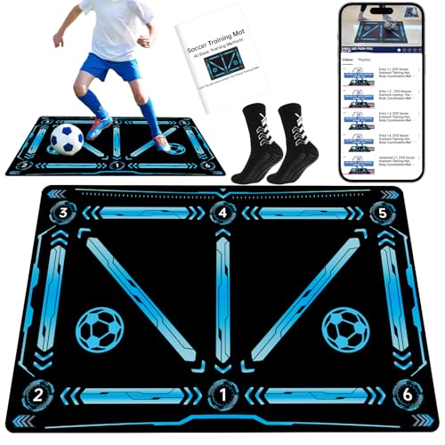 Premium Soccer Training Mat with Video Guide - Non-Slip Soccer Footstep Practice Pad for Indoor & Outdoor - Ultimate Ball Control Equipment to Improve Dribbling Skills - color: blue-black