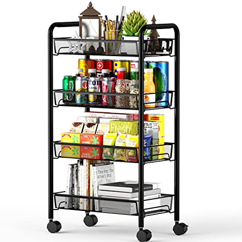 OVICAR 4 Tier Mesh Wire Rolling Cart, Kitchen Storage Organizer Utility Cart, Full Metal Basket Storage Art Trolley Carts with Wheels & 4 Side Hooks - color: Black, size: 4 tier