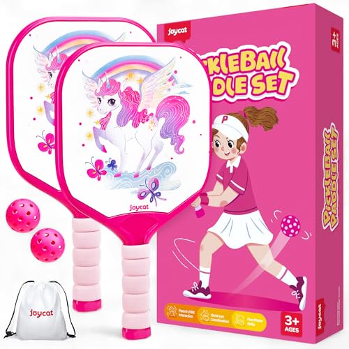 Joycat Kids Pickleball Paddles Set of 2, Lightweight Plastic Cute Pickleball Paddles with Small Grip, 2 Pickleballs, 1 Drawstring Bag,Indoor Outdoor Sport Gift for Kids,Beginner - style: Unicorn
