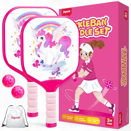 Joycat Kids Pickleball Paddles Set of 2, Lightweight Plastic Cute Pickleball Paddles with Small Grip, 2 Pickleballs, 1 Drawstring Bag,Indoor Outdoor Sport Gift for Kids,Beginner - style: Unicorn