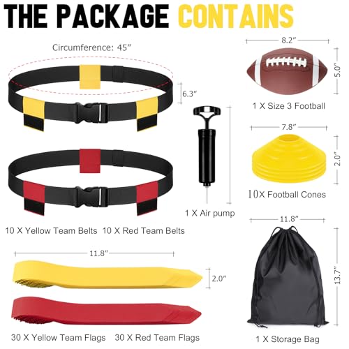 BORNEW Flag Football Set - 14/20 Player Adjustable Belts with Cones, Football, Pump, Bag, for Youth and Adults Training