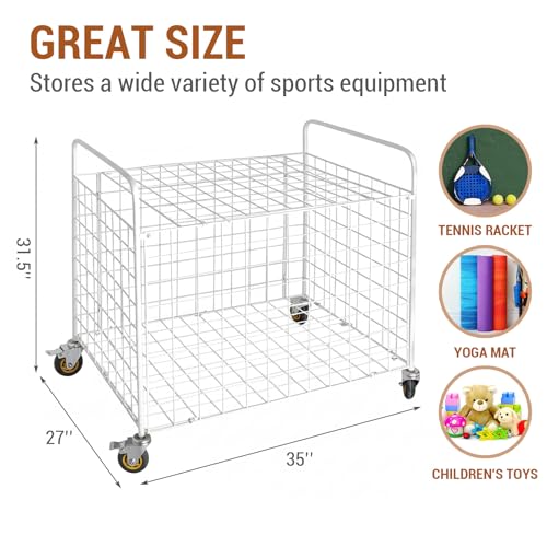 MyGift Professional Gym Metal Multi Sports Ball Storage Cart with Jumbo Industrial Wheels, Commercial Grade Portable Equipment Locker Cage for Basketball, Football, Soccer, Volleyball