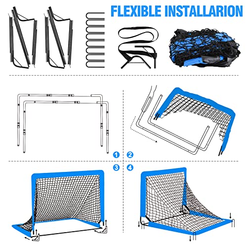 Kids Soccer Goal for Backyard Set - 2 Set of 6X4 / 4X3 ft Toddler Soccer Nets Training Equipment, Soccer Ball, Pop Up Portable Soccer Set for Kids and Youth Games and Training Goals Ages 3-16 Gift - color: 1.Blue