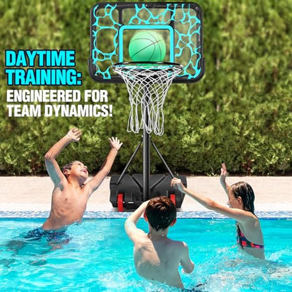 Pool Basketball Hoop 7-Height Adjustable Swimming Pool Basketball - Water Basketball Goals System with PC Shatterproof Backboard & 2 Balls, Outdoor Pool Accessories, Portable Basketball Hoop with LED