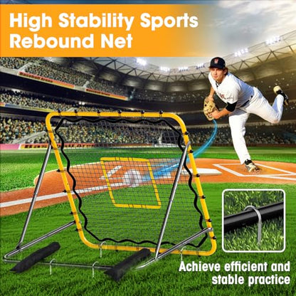 Rebound Net 3.7 x 3.7 FT, Baseball Softball Soccer Volleyball Pitching Rebounder, 5 Adjustable Return Angles, Portable Bounce Back Training Equipment