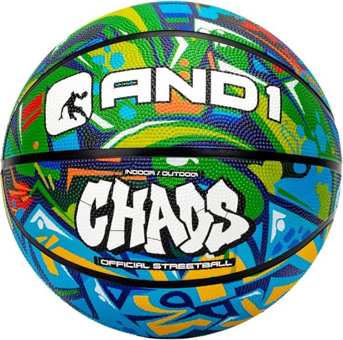 AND1 Chaos Rubber Basketball: Official Regulation Size 7 (29.5 inches) Rubber Basketball - Deep Channel Construction Streetball, Made for Indoor Outdoor - color: Green/Aqua