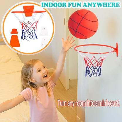 Indoor Silent Basketball Hoop, Compatible with Size 7 Basketball (No Ball Included), Foldable Adhesive Wall-Mount No-Drill Hoop for Bedroom, Office & Home, Space-Saving Design