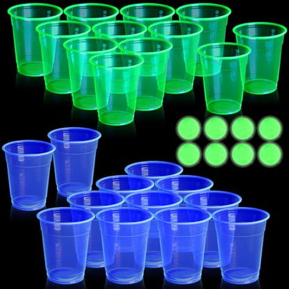 32 Pcs Glow in The Dark Party Table Tennis Game Set Include 24 Pcs Glowing Plastic Cups and 8 Balls for Indoor Outdoor Party Event Birthdays Weddings BBQ Parties - color: Blue and Green