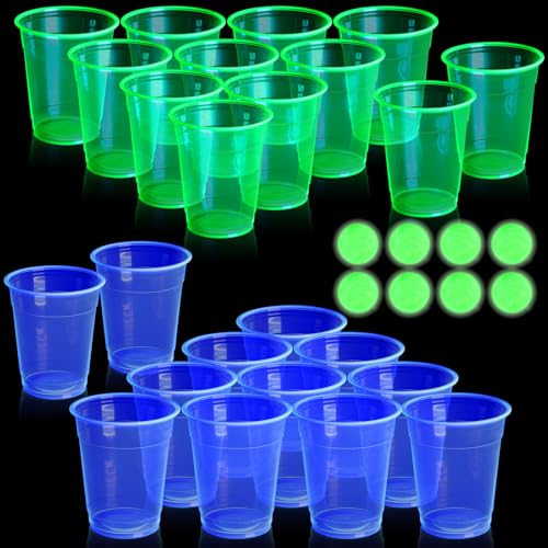 32 Pcs Glow in The Dark Party Table Tennis Game Set Include 24 Pcs Glowing Plastic Cups and 8 Balls for Indoor Outdoor Party Event Birthdays Weddings BBQ Parties - color: Blue and Green