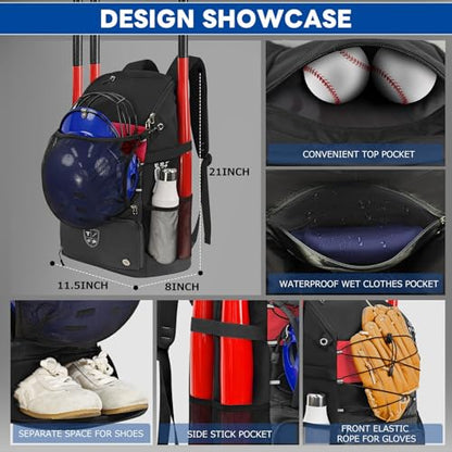 TPAID Baseball Backpack Large Capacity Softball Bag with Shoes Compartment and Fence Hook, Lightweight Baseball Equipment Bag Holds Bats, Helmets, Gloves, Hats, Clothes, Shoes - color: Black-B, size: 4 Bat Baseball