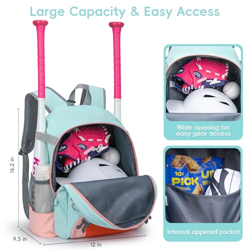KAVIGOR 2026 Youth Baseball & Softball Bag | Ultra-Light Tball Backpack with Shoe Compartment & Helmet Holder | Skin-Soft Fabric - color: Light Green