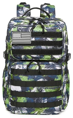 Wotony Military Tactical Backpack for Men Waterproof Daypack 3 Day Assault Pack Molle Bag with Water Bottle Holder - color: Green Leaves, size: 25L