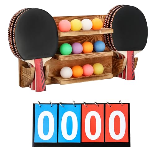Ping Pong Paddle Holder Wall Mount Storage Rack - Table Tennis Racket Display Accessories Organizer - Holds 6 Paddles and 12 Balls - with Flip Scoreboard
