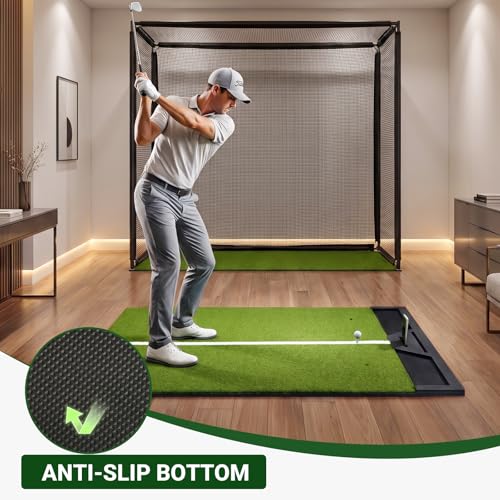 Large Golf Hitting Mat 5x4ft Indoor Outdoor Backyard, Thick Golf Practice Mat with Phone Slot & Ball Tray, Heavy Duty Artificial Turf Driving Range Golf Simulator Mat with Alignment Line - color: 5x4ft31mm