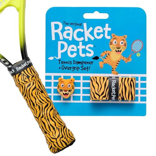 Racket Pets Kids Tennis Racket Dampener & Matching Overgrip Tape, Performance Shock Absorbing Dampener for Tennis Racket & Fun Animal Print Tennis Wrap Grip Tape - style: Tiger
