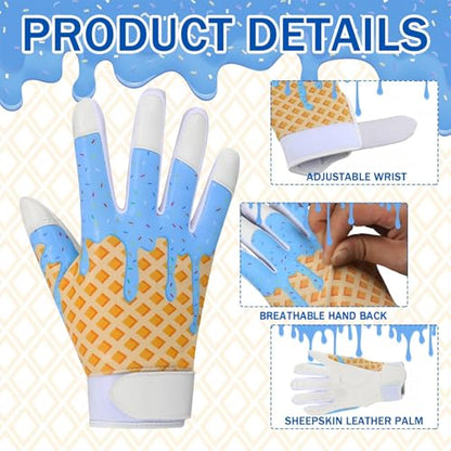 JenPen 1 Pair Youth Ice Cream Drip Batting Gloves 6 Inch Baseball Batting Gloves Long Cuff Leather Ice Cream Drip Pattern Mitt Grip Finger for Softball Teeball Baseball Kids Youth Boys - color: Blue, size: M Size