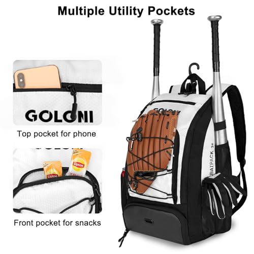 Goloni 40L Baseball Bag, Softball Bat Bag with Shoes Compartment,Fence Hook,Backpack for Baseball, T-Ball & Softball Equipment & Gear
