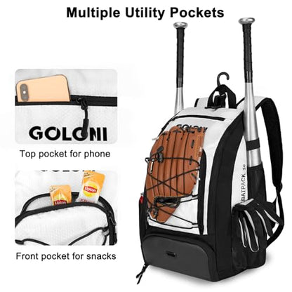 Goloni 40L Baseball Bag, Softball Bat Bag with Shoes Compartment,Fence Hook,Backpack for Baseball, T-Ball & Softball Equipment & Gear