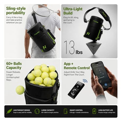 L1 Tennis Ball Machine, Ultra Light 6KG Backpack Design, Dual Control via APP & Remote, up to 50 Balls Capacity, 2–3 Hours Battery Life,Adjustable Speeds & Oscillating - color: Black