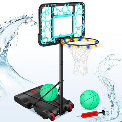 Pool Basketball Hoop 7-Height Adjustable Swimming Pool Basketball - Water Basketball Goals System with PC Shatterproof Backboard & 2 Balls, Outdoor Pool Accessories, Portable Basketball Hoop with LED