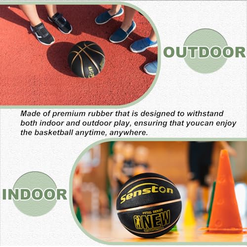 Senston 27.5''/29.5'' Outdoor Basketball Excellent Elasticity/Grip Rubber Basketballs with Pump, Durable Size 5/7 Men Basketball - color: Black/Gold, size: Size 5/27.5''