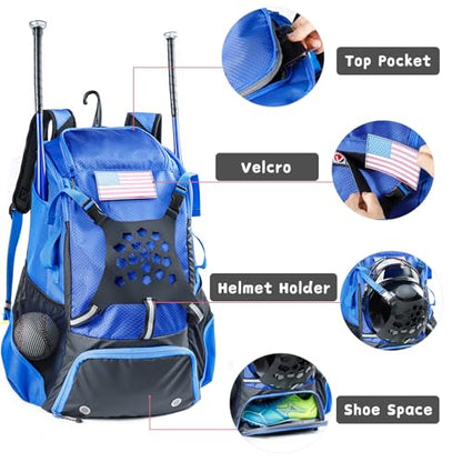 Baseball Backpack for Youth, Boys, Adults - Bat and Softball Equipment Bag With Glove Holder, Helmet, Shoes Compartment - T-Ball Accessories and Baseball Gifts