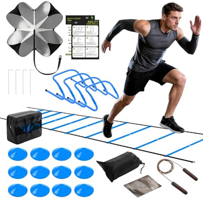 Agility Ladder Speed Training Equipment Set-20ft Ladder,12 Cones, 4 Adjustable Hurdles, Jump Rope, Resistance Parachute| Soccer,Basketball, Football Practice Equipment for Youth, Adults - color: Blue, size: 17.18"*5.72"*13.32"