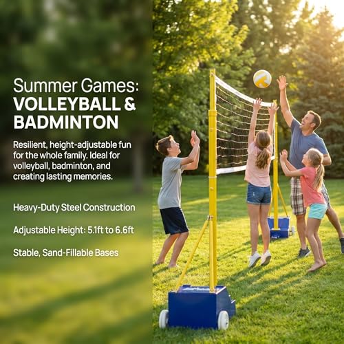 Adjustable Volleyball Poles & Net Set for Backyard - Heavy Duty Outdoor Volleyball & Badminton System, 4 Heights 5ft-6.8ft, Perfect for Family Fun