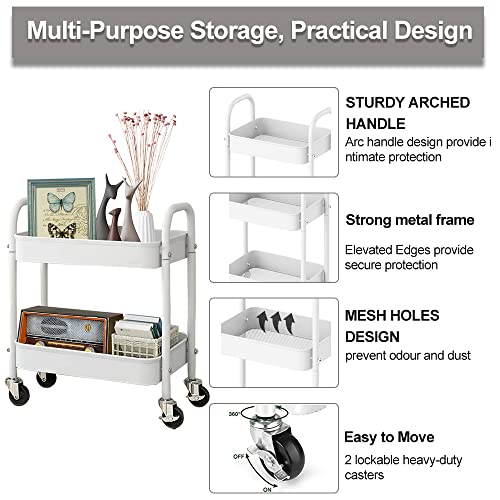 2 Tier All-Metal Rolling Cart, Rolling Storage Cart with Handle and Locking Wheels Kitchen Cart Laundry Office Bathroom Storage Organizer Cart, White - size: 2 Tier White
