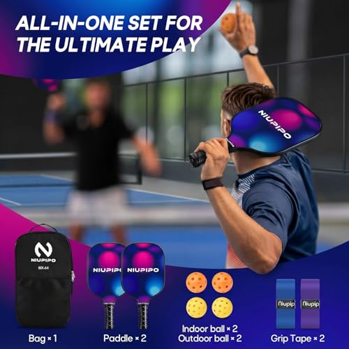 niupipo Pickleball Paddles Set of 2 or 4, USAPA Approved Fiberglass Pickleball Paddle Set with Balls and Bag, Polypropylene Honeycomb Core, Lightweight Pickleball Paddles for Beginners Men Women